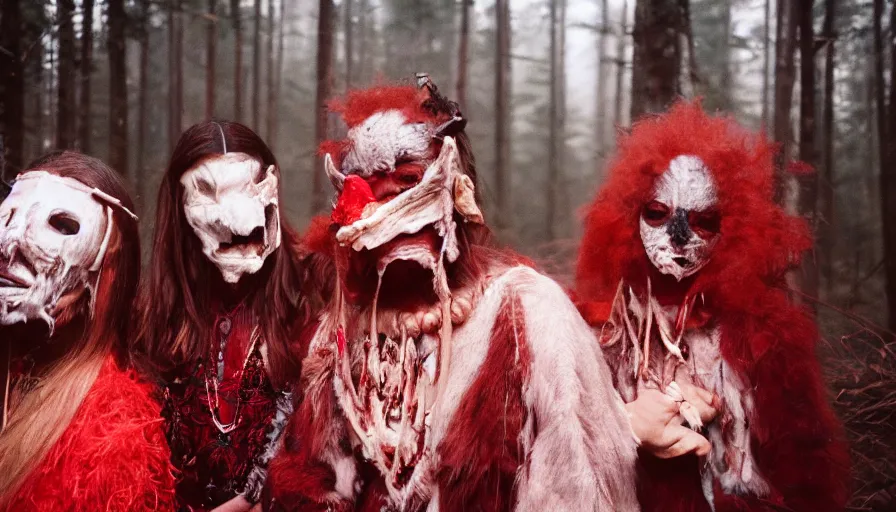 Prompt: high realistic photo portrait of esoteric tribes members with taxidermic flesh bloody jaw mask and elaborate red clothes in a foggy forest, cinestill 800t 35mm, heavy grain, high quality,