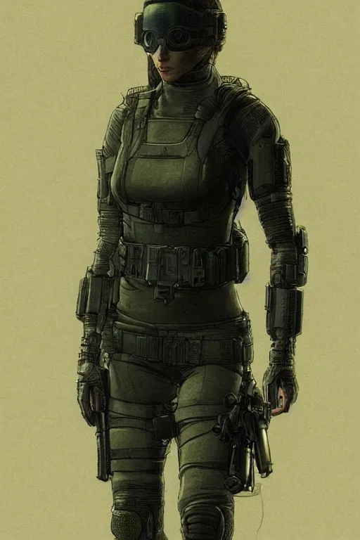 Prompt: Maria. blackops mercenary in near future tactical gear, stealth suit, and cyberpunk headset. Blade Runner 2049. concept art by James Gurney and Mœbius.