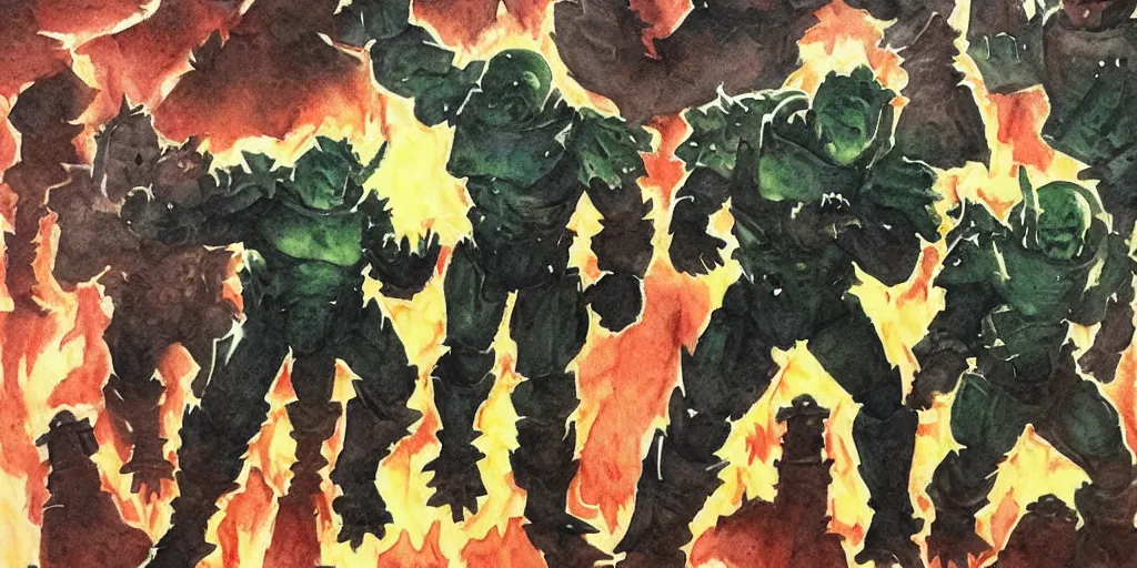 Prompt: doomguy fight in hell watercolor art dark shadows pergament paper