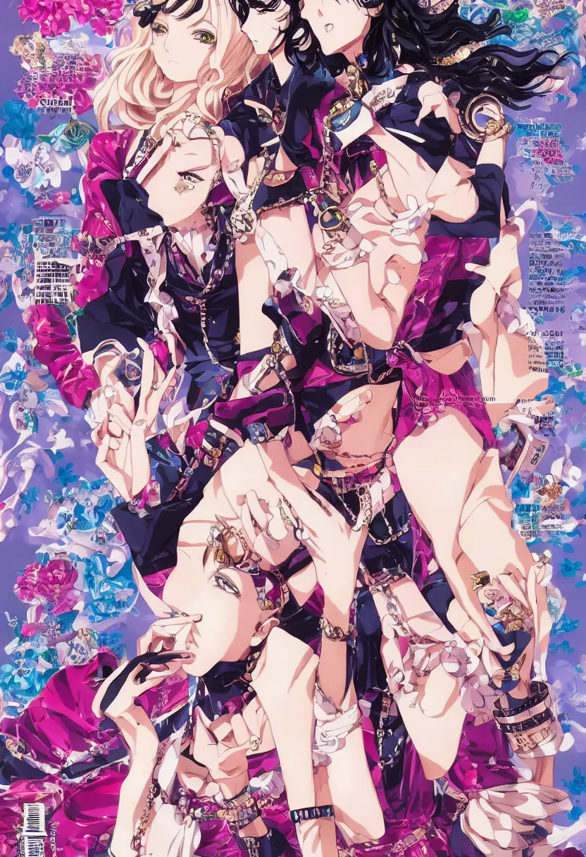 Image similar to Magazine Cover Anime key visual of a Gucci girl; official media; typography; drawn by Hirohiko Araki; Jojo's Bizarre Adventure; Jojolion, portrait, made by Stanley Artgerm Lau, WLOP, Rossdraws, James Jean, Andrei Riabovitchev, Marc Simonetti, Yoshitaka Amano, ArtStation