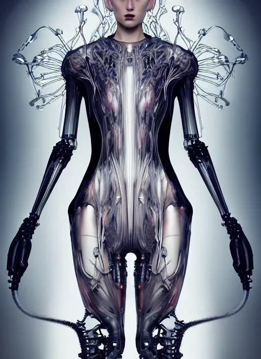 Image similar to iris van herpen gothic inflateble dark dress, perfect symmetrical body, helmet on face, full body shot, inflateble shapes, wires, tubes, veins, jellyfish, white biomechanical details, wearing epic bionic cyborg implants, masterpiece, intricate, biopunk, vogue, highly detailed, artstation, concept art, cyberpunk, octane render