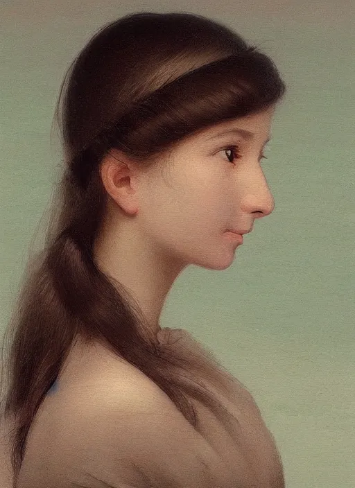 Image similar to hyper detailed 3 d render like a oil painting - cute portrait of a brunette named emma, italian looking, looking at camera, symmetrical face, long brunette hair, nose ring, a smiling cow looking over her shoulder by ryden, kawase hasui, dorothea tanning, edward hopper and james gilleard, aivazovsky, beksinski, outram, artstation