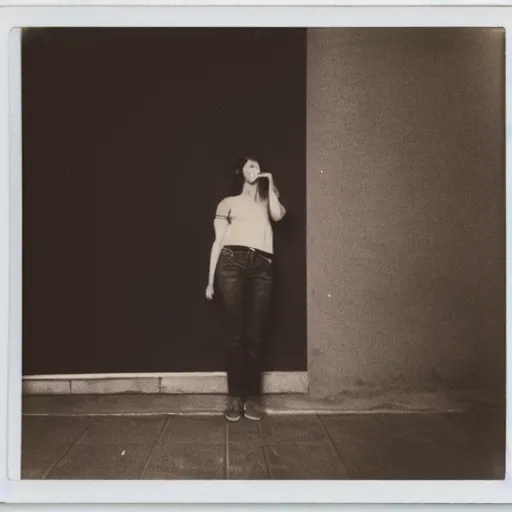 Image similar to a beautiful instant photograph of a woman smoking in the street, leaning on the wall, polaroid, technicolor, rule of thirds, light leak, raw, black clothing