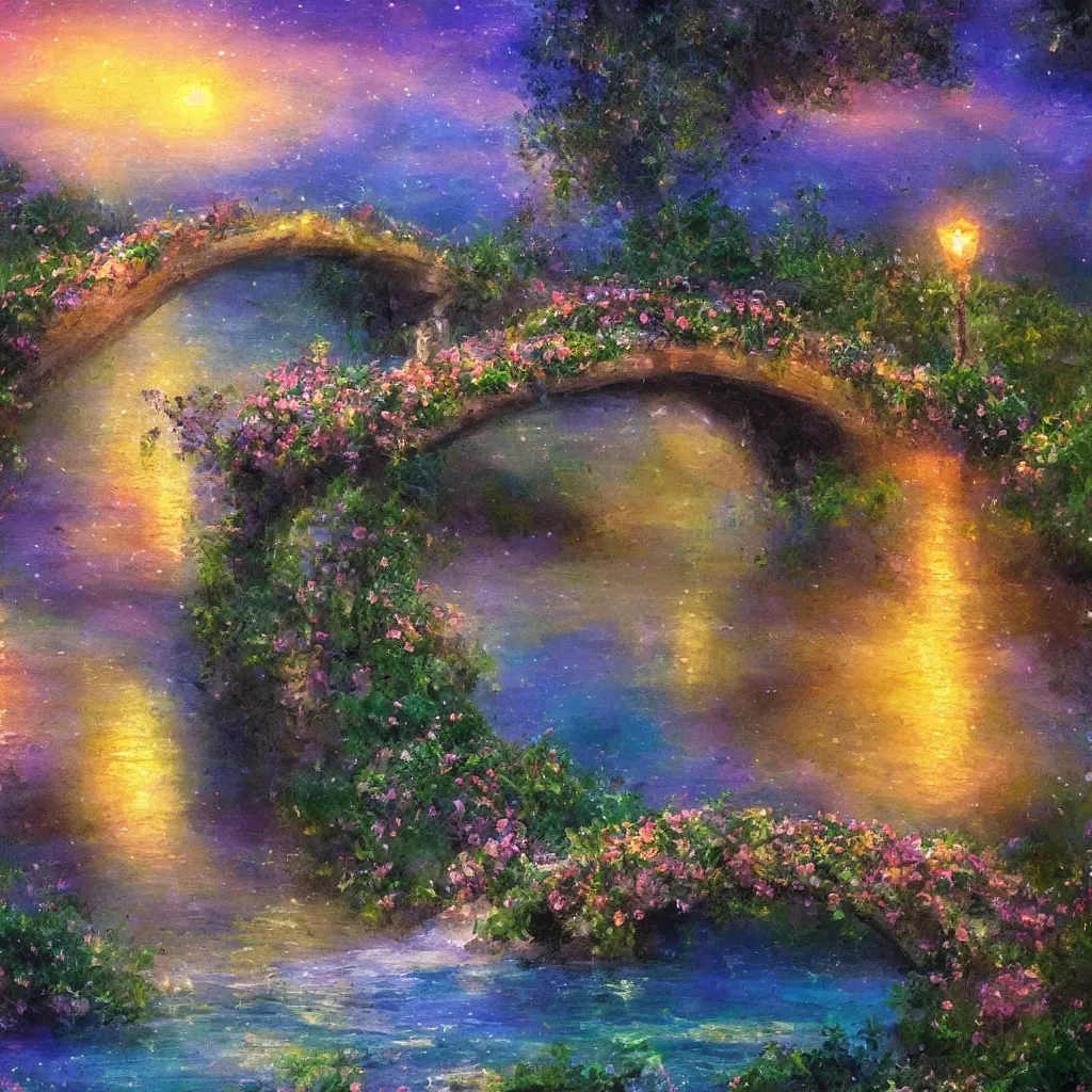 Image similar to fairyland bridge, outside of time and space, dreamy, romantic, dusk, expressive impressionist style, highly detailed, 8 k