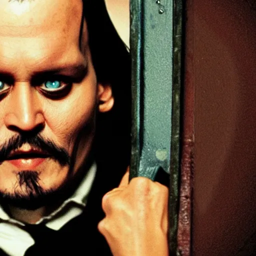 Image similar to Johnny Depp as Jack Torrance in Shining, holding axe,