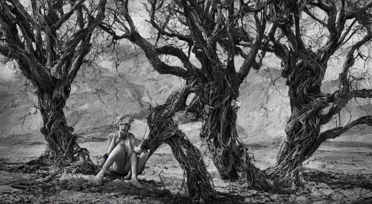 Image similar to 65-year-old tree-woman crying one single tear, facing the camera and sitting on a dried up river in a desolate land, blue sky, hot and sunny, highly-detailed, elegant, dramatic lighting, artstation, 4k, cinematic landscape, photograph