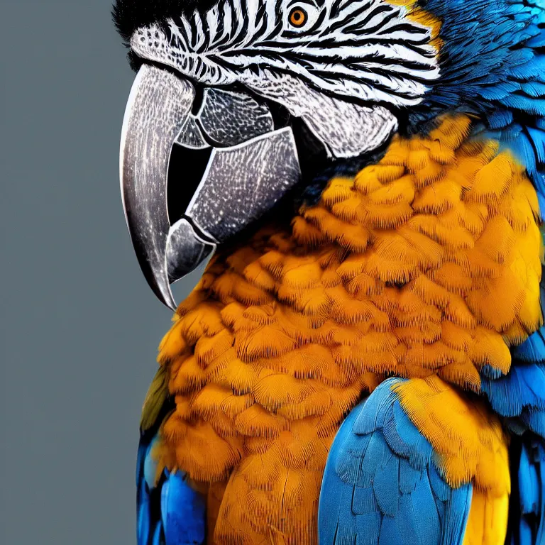 Prompt: octane render portrait by wayne barlow and carlo crivelli and glenn fabry, a single beautiful colorful blue and gold macaw, surrounded by shiny reflective aluminum foil, cinema 4 d, ray traced lighting, very short depth of field, bokeh