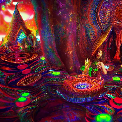 Prompt: DMT, machine elves, 4k, octane render, psychedelic, by Pablo Amaringo