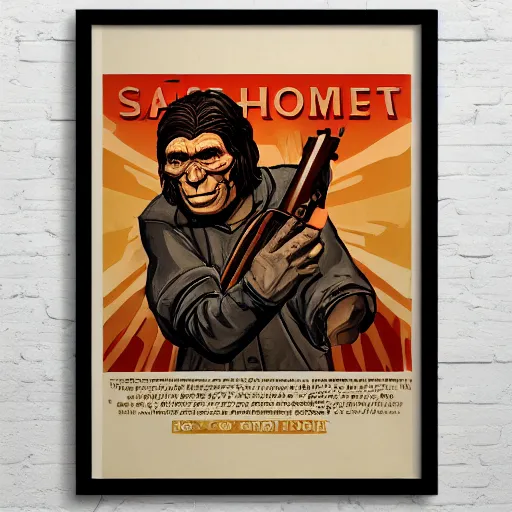 Image similar to saint homo neanderthalis, portrait, propaganda poster, with book of science on his right hand, and riffle, pop art, gta chinatown wars art style, bioshock infinite art style, hyperrealistic, two colors, white frame border, 4 k, uhd, remove duplicate content, align left content.