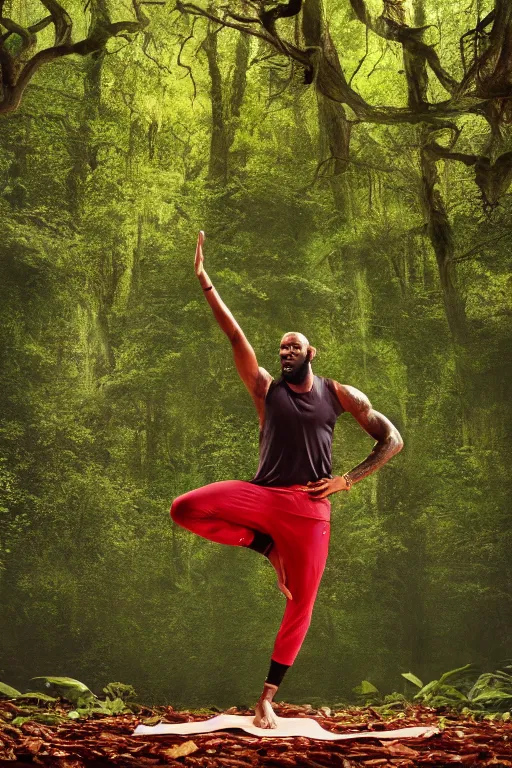 Prompt: lebron james doing yoga in the forest, cybertronian, long shot, cinematography by wes anderson, 4 k octane render, intricate detail, photorealistic, cinematic lighting, artstation