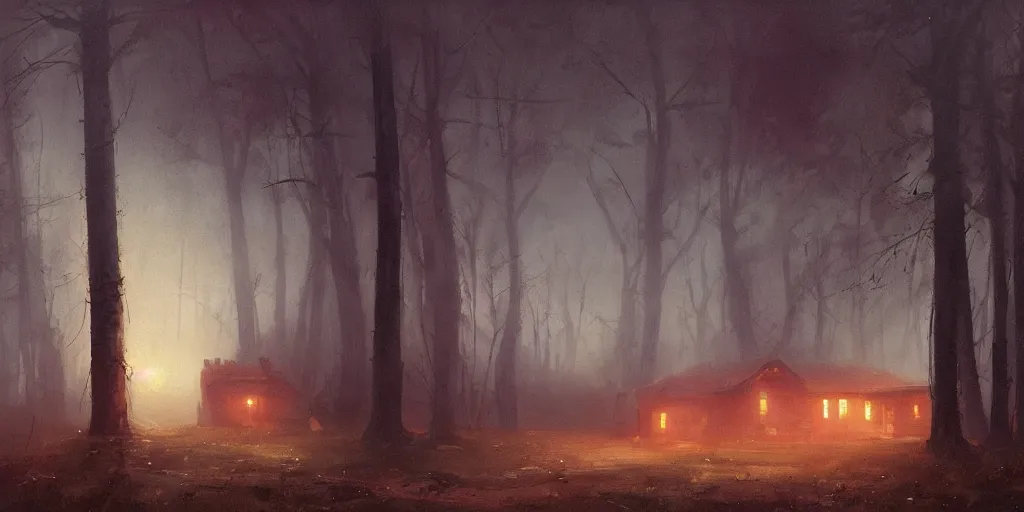 Image similar to an old house with red light on from the windows during the night in a forest, a men stand up in front of the house, mystical fog, oil on canvas, details, a desert road next to the house, illustration, art by andreas achenbach and alena aenami