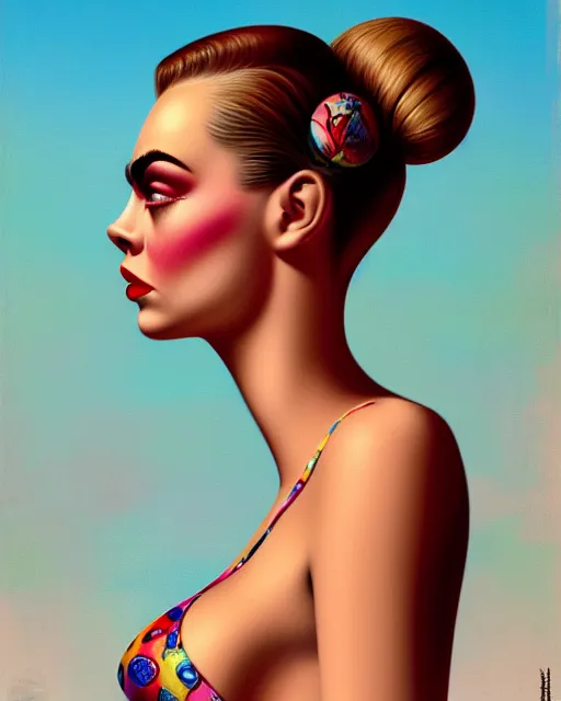 Image similar to closeup profile portrait of a 1 9 5 0 s cara delevigne wearing a bikini, mark ryden, lostfish, max fleischer, hyper realistic, artstation, illustration, digital paint, matte paint, vivid colors, bright, cheerful, detailed and intricate environment