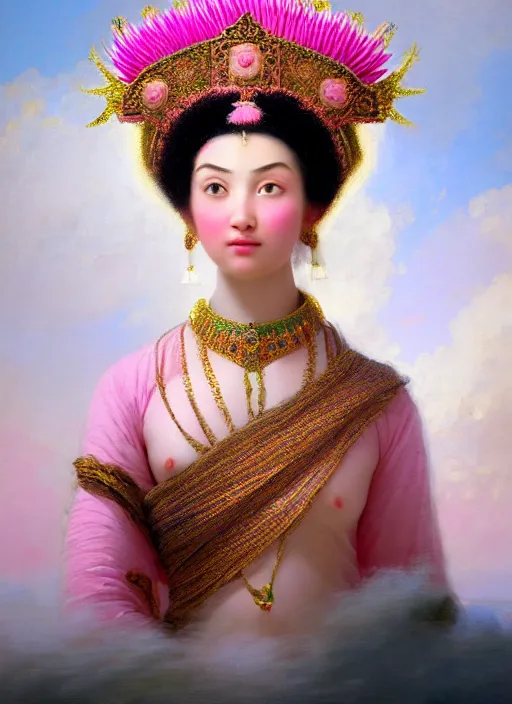 Image similar to stunning afgan godess princess, detailed pink and white protea head peace against a black backdrop by ivan aivazovsky, 3 / 4 view portrait, wlop, super sharp details, photorealism, canon 5 d, 5 0 mm lens, stunning photoshot, beautiful soft lighting, muted colours, artstation