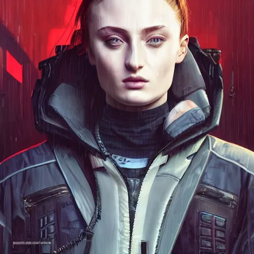 Image similar to sophie turner, streetwear techwear cyberpunk style outfit, partial mask, detailed portrait, intricate complexity, by greg rutkowski, cushart krentz, artgerm, ross tran, conrad roset, takato yomamoto, ilya kuvshinov. 4 k, beautiful, cinematic dramatic atmosphere, portrait lighting