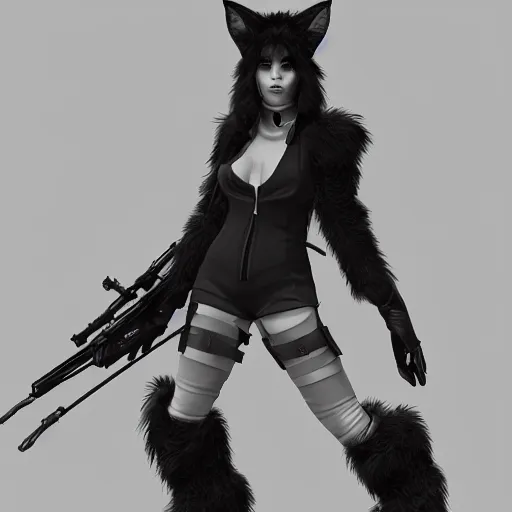 Image similar to RPG character concept art, cyberpunk furry, in the style of Leticia Gillett Hiroya Oku Riyoko Ikeda, 3d render, artstation trending, 8k, octane render, photorealistic, sharp detail, manga, black and white