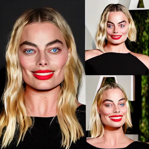 Image similar to a portrait of margot robbie doing a kissing face, highly detailed