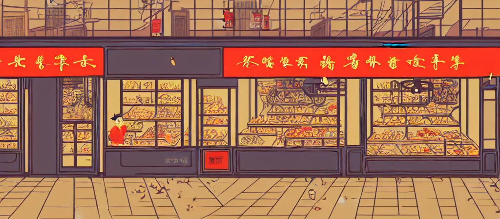 Image similar to a beautiful simple 4 k hd illustration of interior view display of the corner of street side roasted string hotpot small shop, simple style, from china, with merchant logo, simple structure, surrealistic, chinese style, victo ngai, james jean, denoise, deblurring