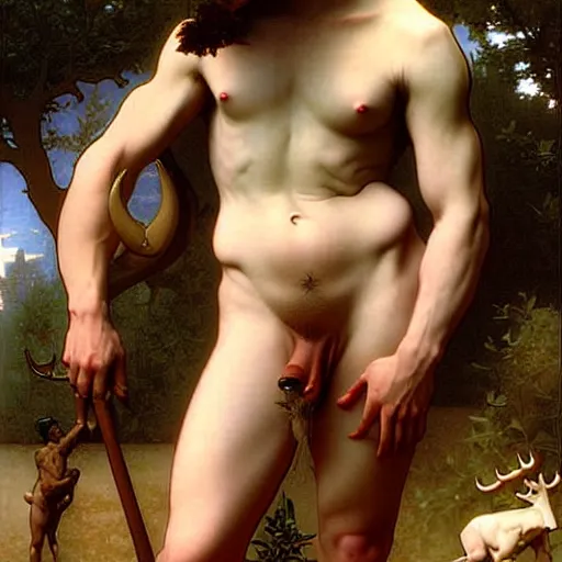 Image similar to horned god pan, tom of finland, bouguereau