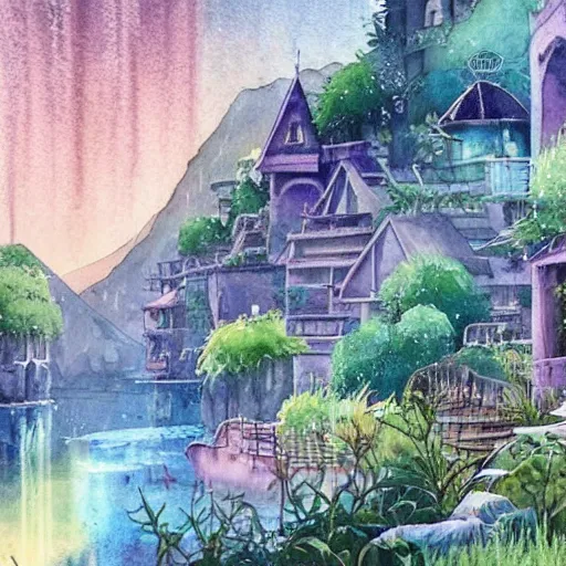 Image similar to Beautiful happy picturesque charming sci-fi town in harmony with nature. Beautiful light. Water and plants. Nice colour scheme, soft warm colour. Beautiful detailed watercolor by Lurid. (2022)