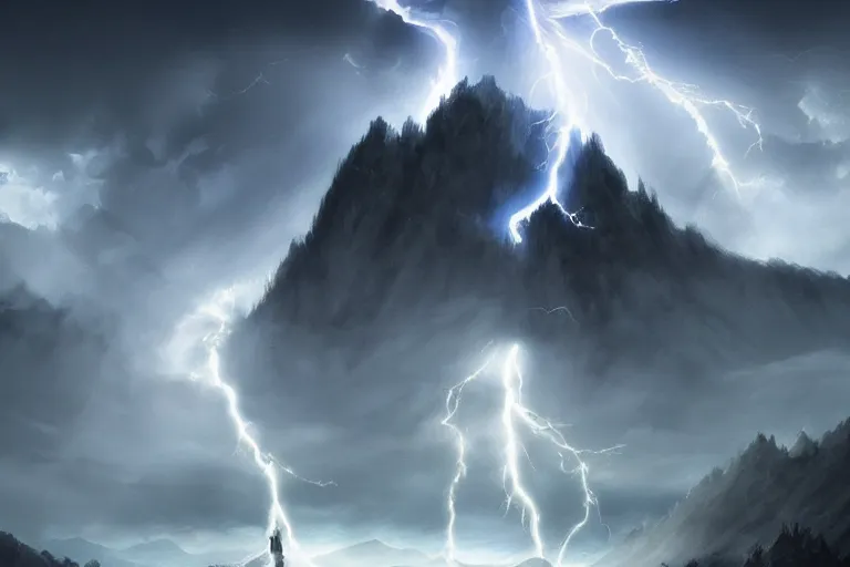 Prompt: thunder man, storm, white robe, light spell, mountains, environment, artstation