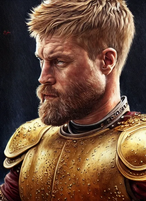 Image similar to highly detailed oil painting, masterpiece portrait warrior male lannister, fantasy character portrait, dynamic pose, above view, top lighting, realistic shaded, perfect face, 8 k realistic, hyper detailed, digital painting, artstation, concept art, hyper detailed eyes, cinematic lighting, dynamic pose, above view