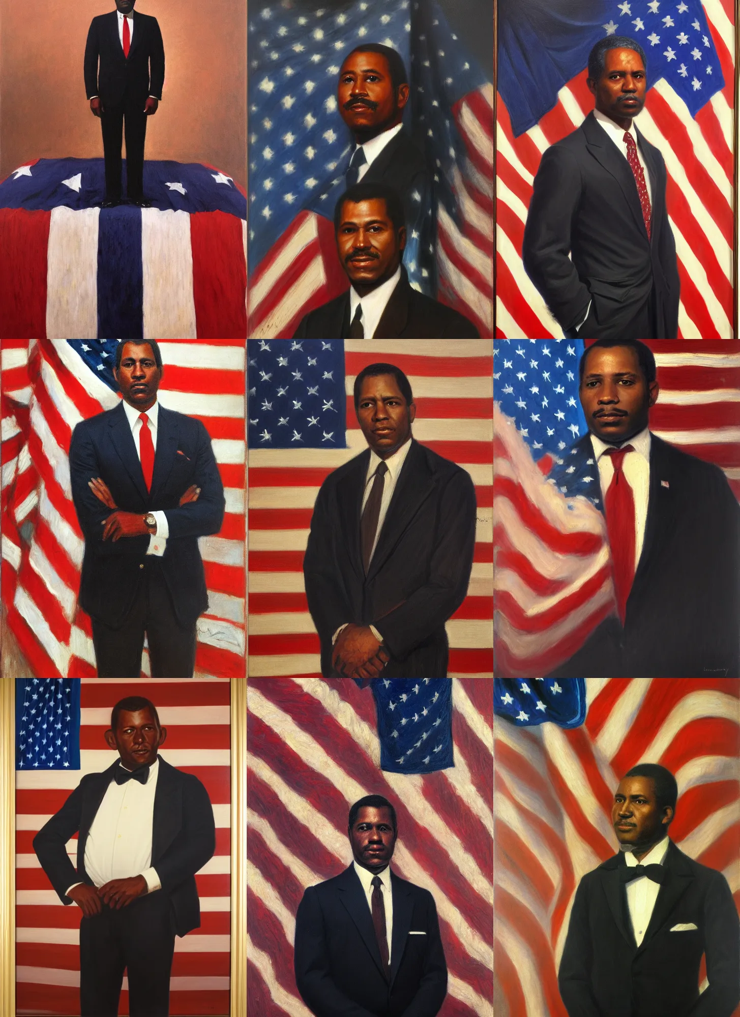 Prompt: portrait of the united states president, 1 9 7 7. a black man from louisiana. standing tall in front of the american flag. oil on canvas by william sidney mount, trending on artstation