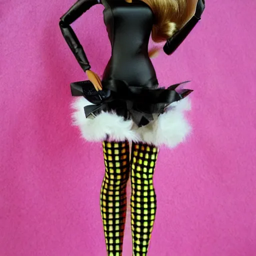 Image similar to barbie doll, black color, club suit, high heels, leather bunny costume bodysuit, playboy, rabbit ears, plaid tights, full length, raspberry banana color, lace