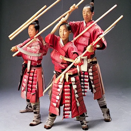 Prompt: Samurai Warriors wearing Strawberry armor holding swords made of Slim Jims beef sticks