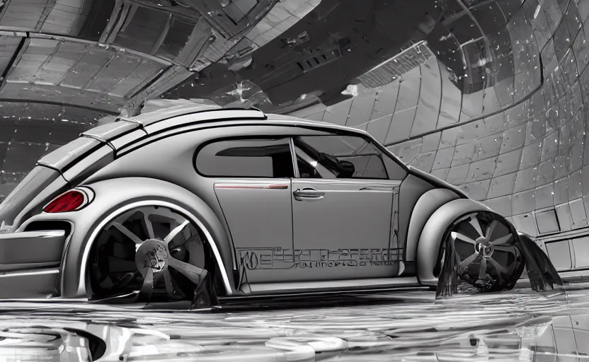Image similar to a spaceship version of the vw beetle floating in the space, masterpiece, hyperrealistic, futuristic, symmetrical, octane render, unreal engine 5, path traced, highly detailed, high quality, 8 k, cinematic, high coherence, soft lighting, spacecraft, bloom