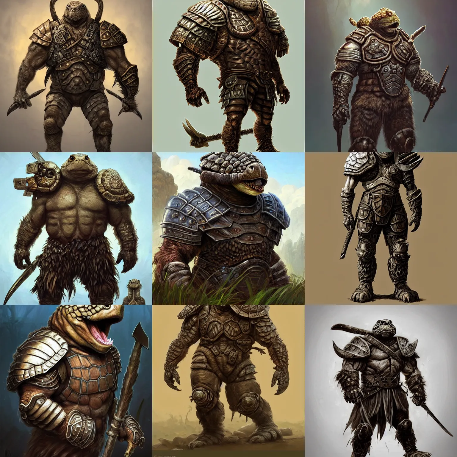 Prompt: anthropomorphic rugged turtle!!! oversized barbarian furry muscular armored upper body ,shell armor!!l, 👅 👅 , D&D, fantasy, intricate, elegant, highly detailed, digital painting, artstation, concept art, smooth, sharp focus, illustration, art by artgerm and beeple and greg rutkowski and alphonse mucha