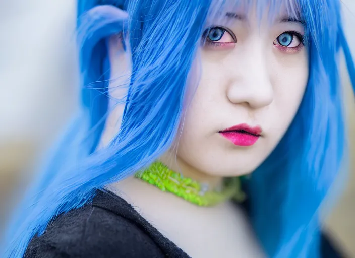 Prompt: dslr portrait photo still of rimuru tempest with blue hair and yellow!!! eyes!!!, 8 k, 8 5 mm f 1. 8