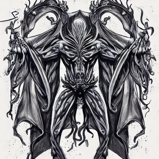 Image similar to 4 k headshot of godlike cthulhu with defined arms and open hands and bloody clothes with giant mandala wings, intricate face, flawless anime cel animation by kentaro miura, psychedelic, highly detailed upper body, professionally post - processed, beautiful, scary, symmetry accurate features, epic, octane rendered, anime masterpiece, accurate