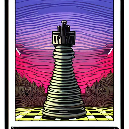 Prompt: a soldier stands beneath a giant chess piece, artwork by dan mumford