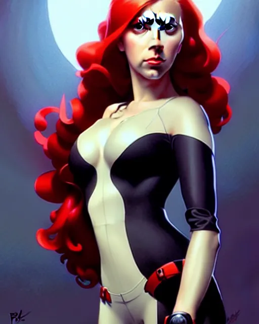 Image similar to peter mohrbacher, phil noto, artgerm, pretty scarlett johansson black widow, symmetrical eyes, long red hair