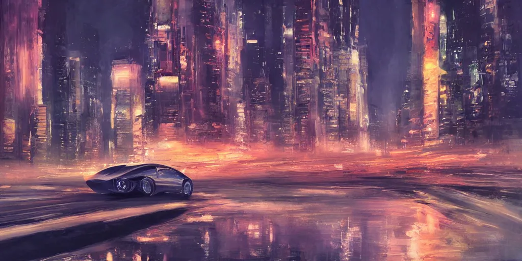 Image similar to a runabout in futuristic cityscape at night, soft lighting, realistic painting