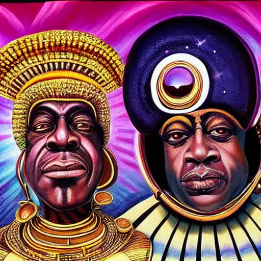 Image similar to beautiful lifelike painting of sun ra and his interstellar arkestra, hyperreal detailed facial features and uv lighting, art by ed roth and basil wolverton