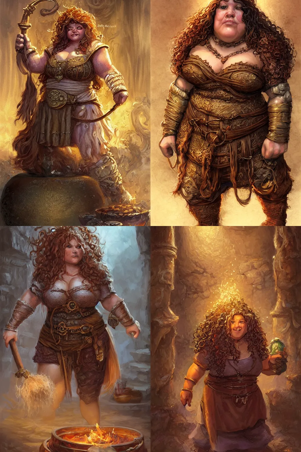 Prompt: chubby female dwarven cook before a cauldron | neat elaborated long curly braided golden hair | big nose | beautiful plump body | intricate, highly detailed, digital painting, artstation, concept art, dungeons and dragons , art by jeff easley and ralph horsley