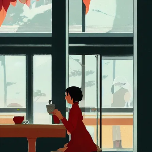 Image similar to woman sitting in a cafe, cottagecore, atey ghailan, goro fujita, studio ghibli, rim light, sharp lighting, clear focus, very coherent,