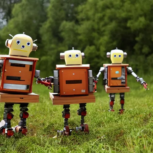 Prompt: Happy anthropromorphic robots made out of wood working in the fields