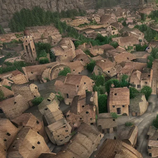 Image similar to the center of a poor medieval town under heavy rain at late dawn, in a valley, surrounded by mountains, highly detailed, octane render, ultra detailed cinematic, 8 k, widescreen, 1 6 : 9, hd