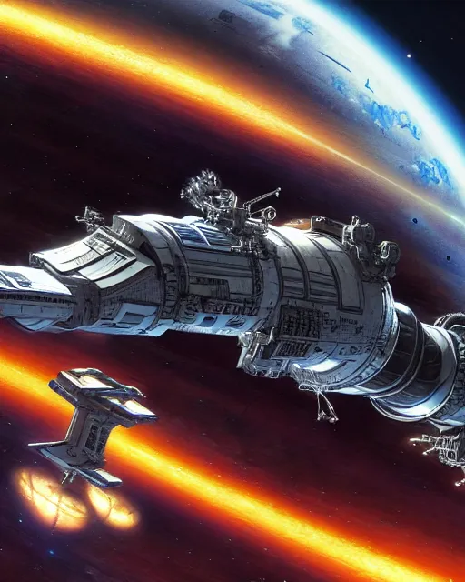 Image similar to a highly detailed space cruiser in orbit above a planet, detailed render, post - processing, extremely hyperdetailed, intricate, epic composition, cybernetics, 4 k realistic, cryengine, realistic shaded lighting, sharp focus, masterpiece, detailed eyes by matteo scalera, gary montalbano, peter elson in the style of the tokyo ghost comic