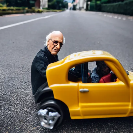 Prompt: larry david driving a toy car, canon eos r 3, f / 1. 4, iso 2 0 0, 1 / 1 6 0 s, 8 k, raw, unedited, symmetrical balance, wide angle