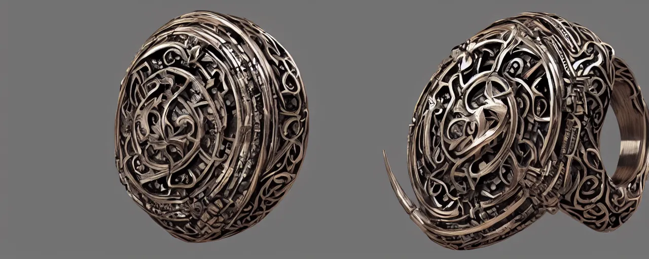 Image similar to wooden ring with a steel shield ornament, intricate, detail, ring, wood, steel, shield, tungsten, smooth shank, engravings, product design, jewelry, art by gerald brom, greg rutkowski and artgerm and james jean and zdzisław beksinski, 8 k, unreal engine, c 4 d