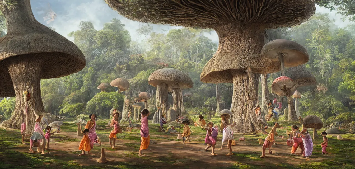 Prompt: botanical illustration of a few diverse children playing around an indonesian candi temple under a single giant mushroom, pastel hues, janne laine, outi heiskanen, cinematic morning light