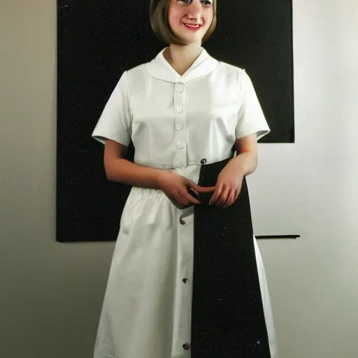 Prompt: a vintage 1 9 6 0 s kodachrome slide of a portrait of a young lady posing in a photographer's studio. she is wearing a white - collared dress in the fashion of the 1 9 6 0 s.