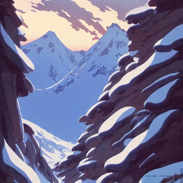 Image similar to japanese mountains, winter, in the style of studio ghibli, j. c. leyendecker, greg rutkowski, artem