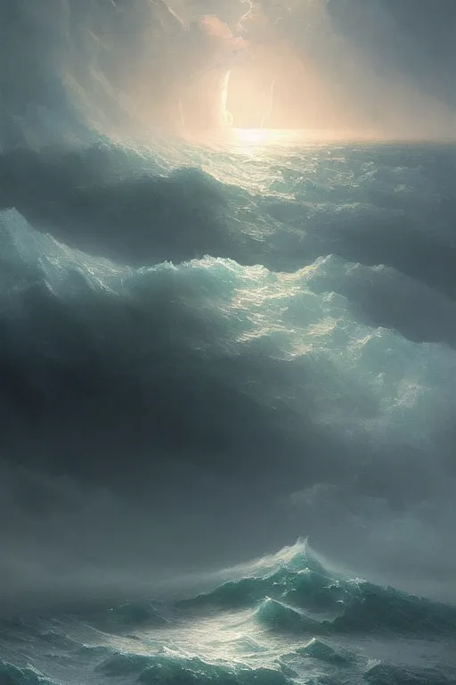 Image similar to Intricate stunning highly detailed water deity emerging from a stormy ocean by Ivan Aivazovsky, Greg Rutkowski , surreal, digital painting, ultra realistic, beautiful lighting, full moon, thick swirling tornado, artstation