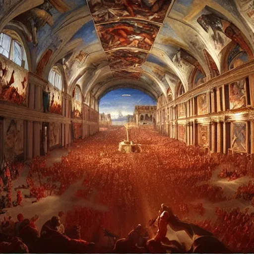 Image similar to the sistine chapel's ceiling is broken is half as a red magical portal from hell opens up, lucifer morningstar emerges along with a few demons, the priests and the pope look at the scene with terror in their eyes. highly detailed painting by gaston bussiere, greg rutkowski, craig mullins 8 k