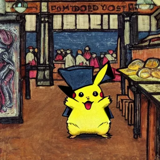 Image similar to pikachu in an old english market place the style of the scream,