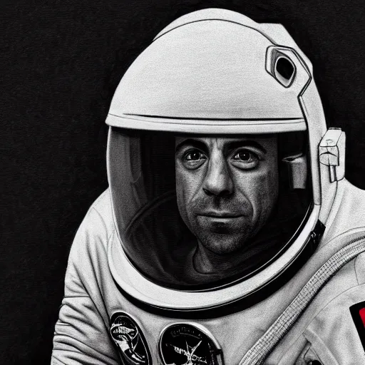 Image similar to a very detailed pencil drawing of joe rogan in an astronaut suit in space 4 k, high resolution, still, landscape, hd, dslr, hyper realistic, sketch